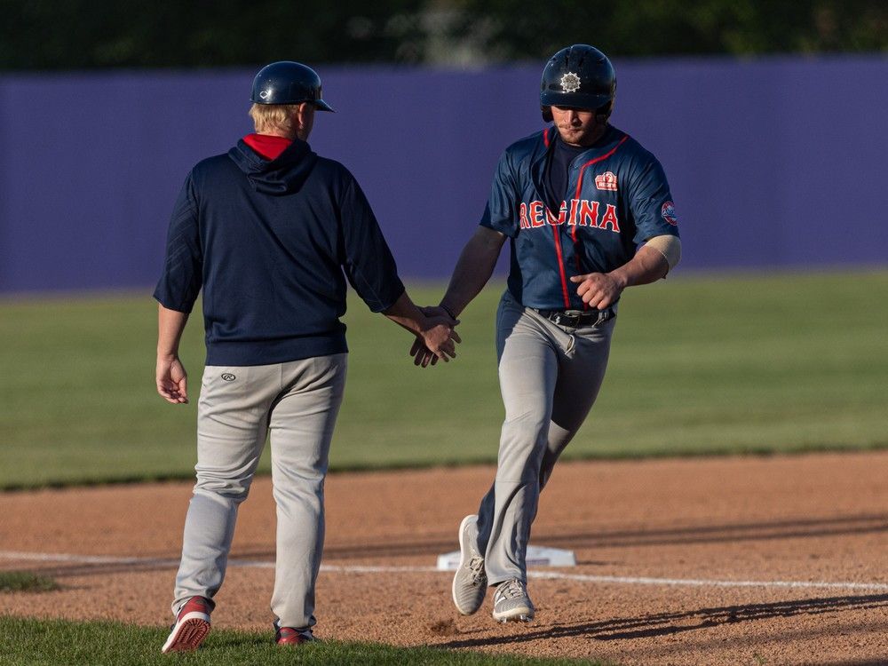 Regina Red Sox Jackson Syring runs to home plate during their Western Canadian Baseball League game against Saskatoon Berries at Cairns Field. 