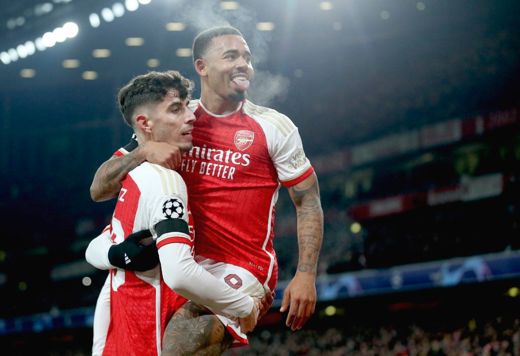 Kai Havertz and Gabriel Jesus of Arsenal celebrate 1st goal during the UEFA Champions League match between Arsenal FC and RC Lens at Emirates Stadi...