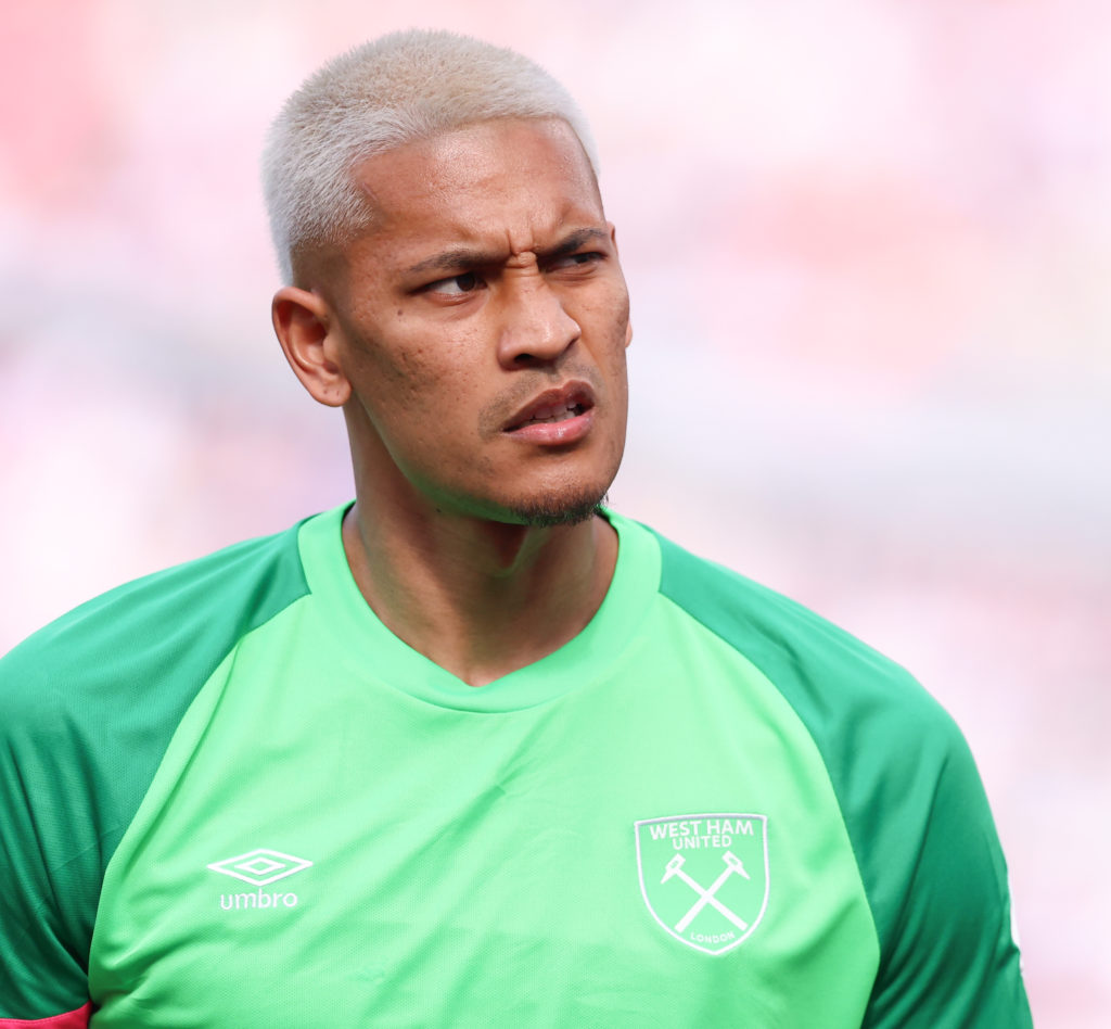 Alphonse Areola of West Ham  United  during the Premier League match between West Ham United and Luton Town at London Stadium on May 11, 2024 in Lo...