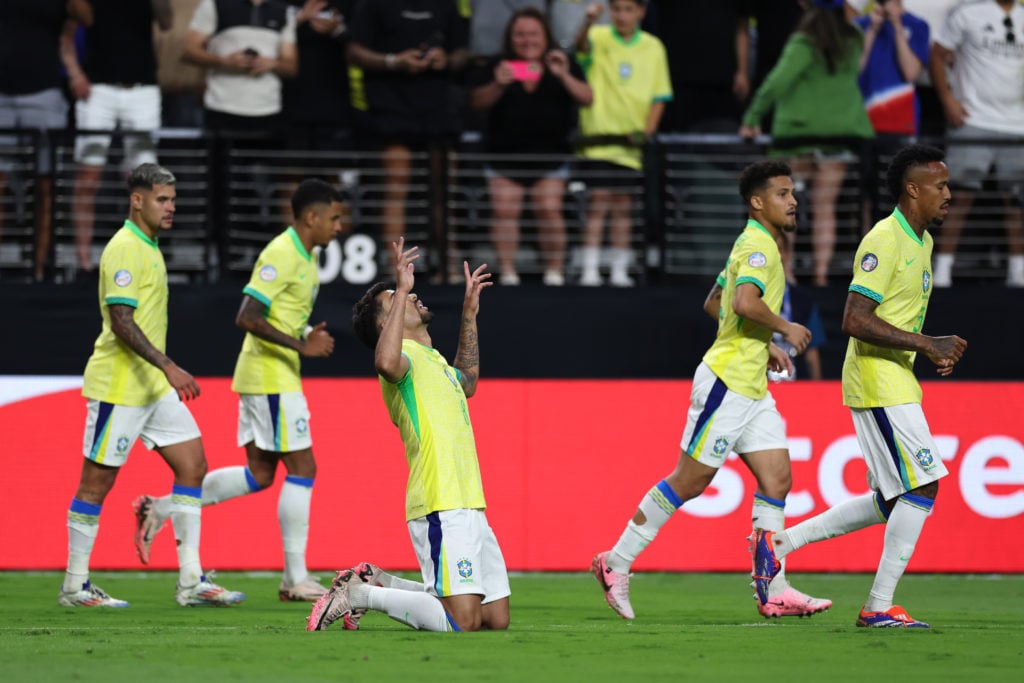 Lucas Paqueta of Brazil celebrates after scoring the team's fourth goal via penalty during the CONMEBOL Copa America 2024 Group D match between Par...