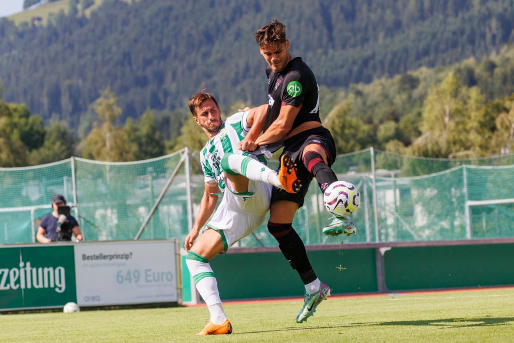 Konstantinos Mavropanos of West Ham United challenges for the ball during the pre-season friendly match between West Ham United and Ferencvaros at ...