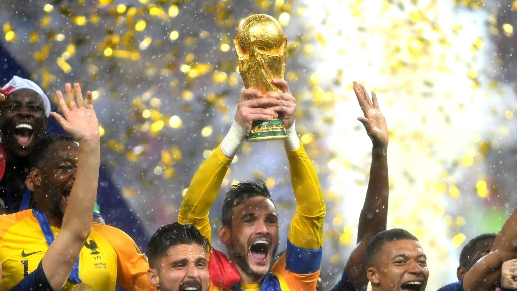 Hugo Lloris of France lifts the World Cup trophy to celebrate with his teammates after during the 2018 FIFA World Cup Final between France and Croatia at Luzhniki Stadium on July 15, 2018 in Moscow, Russia. Shaun Botterill/Getty Images