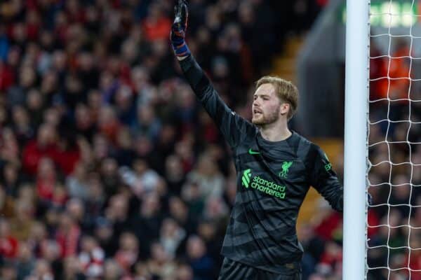 LIVERPOOL, ENGLAND - Thursday, April 11, 2024: Liverpool's goalkeeper Caoimhin Kelleher during the UEFA Europa League Quarter-Final 1st Leg match between Liverpool FC and BC Atalanta at Anfield. (Photo by David Rawcliffe/Propaganda)