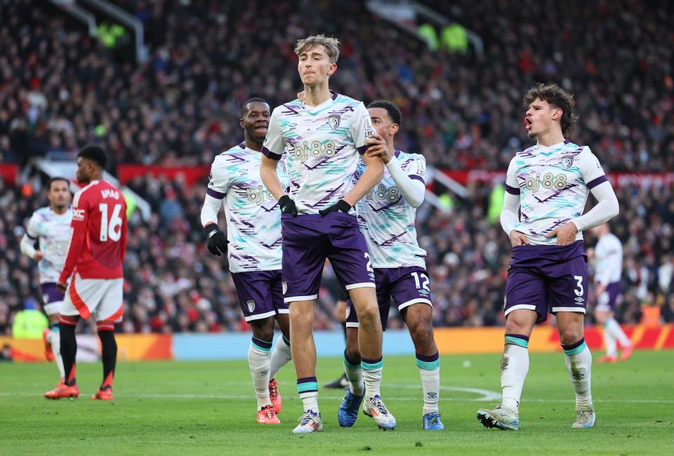 Dean Huijsen celebrates scoring against Manchester United. (Photo by Matt McNulty/Getty Images)